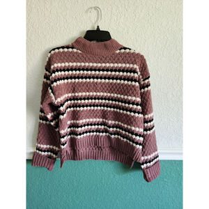 Cozy Textured Striped Knit Sweater – Mauve ,‎ White & Black – Size Small